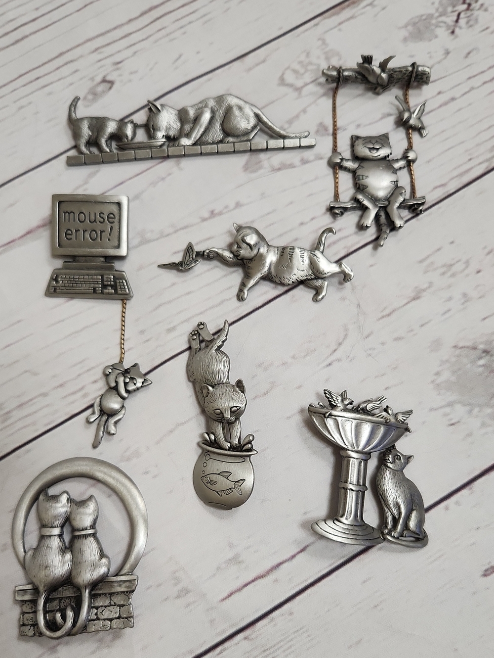 Silver Pewter Toned Cat Brooch Set — Playful Feline Pins By JJ